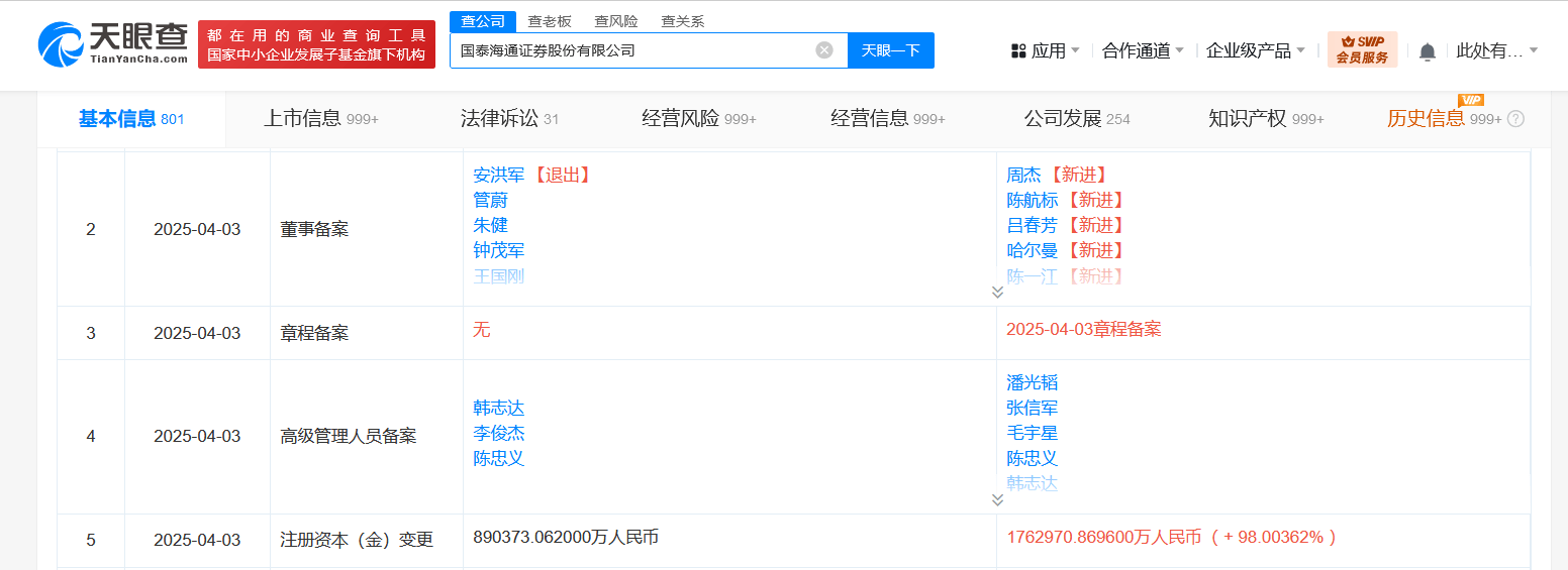 国泰君安更名国泰海通完成工商变更 国泰海通证券增资至176.3亿